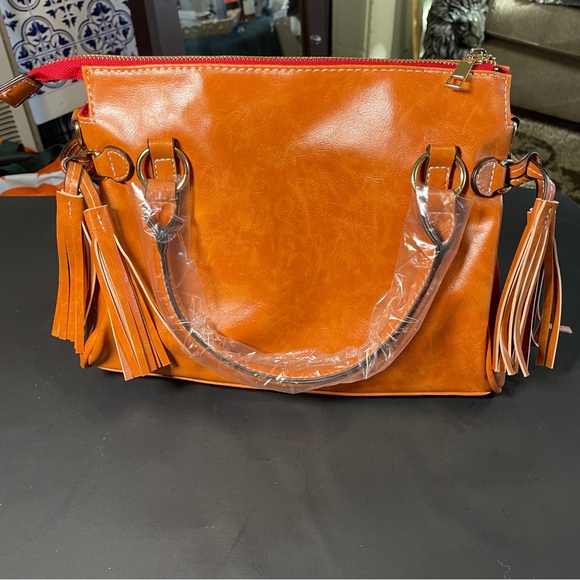 Brown genuine leather satchel purse tassels zip closure pockets, crossbody strap - Picture 3 of 11